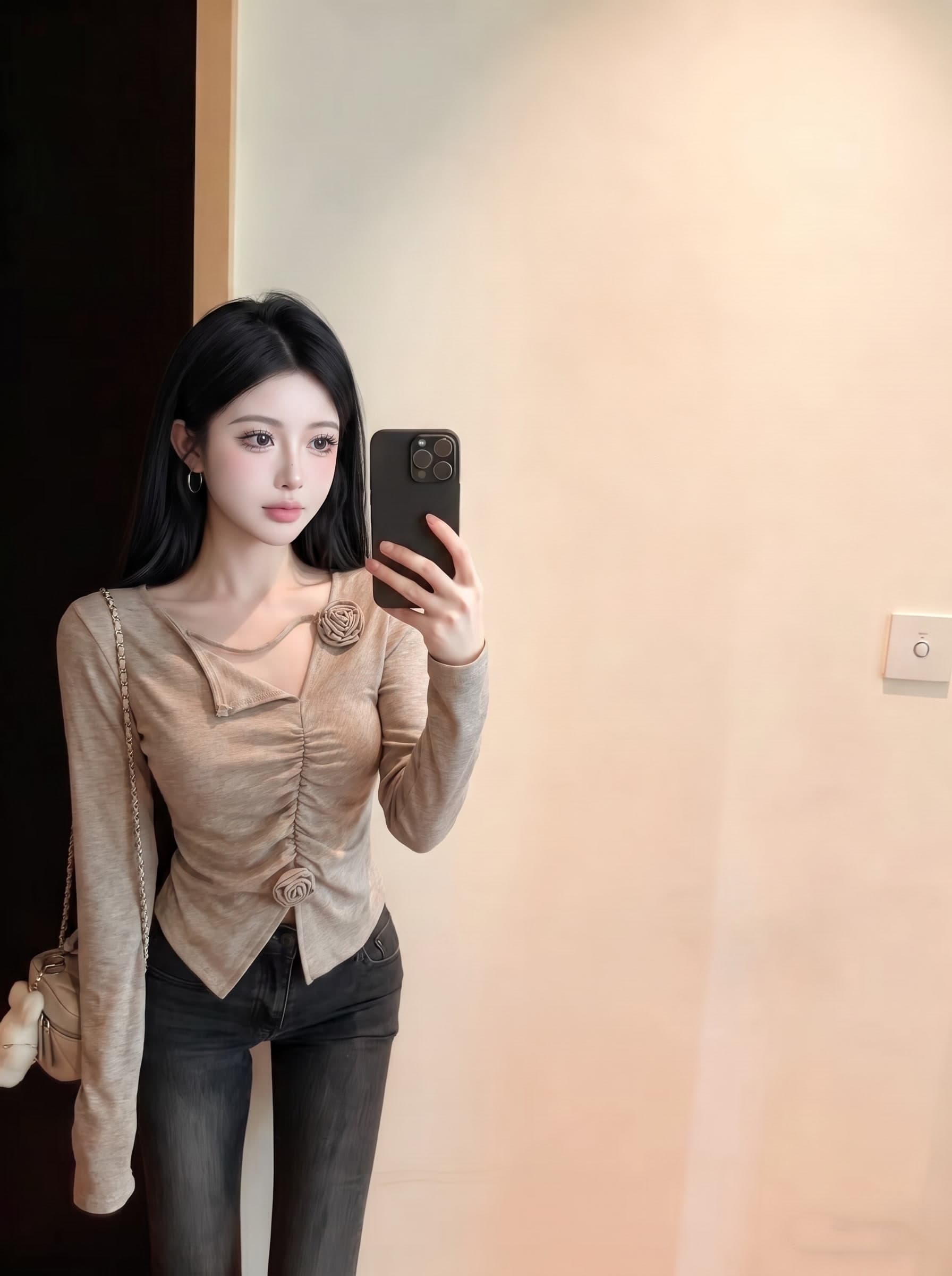 실사 디자인 센스 3 차원 꽃 회색 긴팔 티셔츠 가을 빅 사이즈 여성 의류 지방 mm 몸매 가꾸기 자이언트 슬림해 보이는 맨위 상세 이미지 5