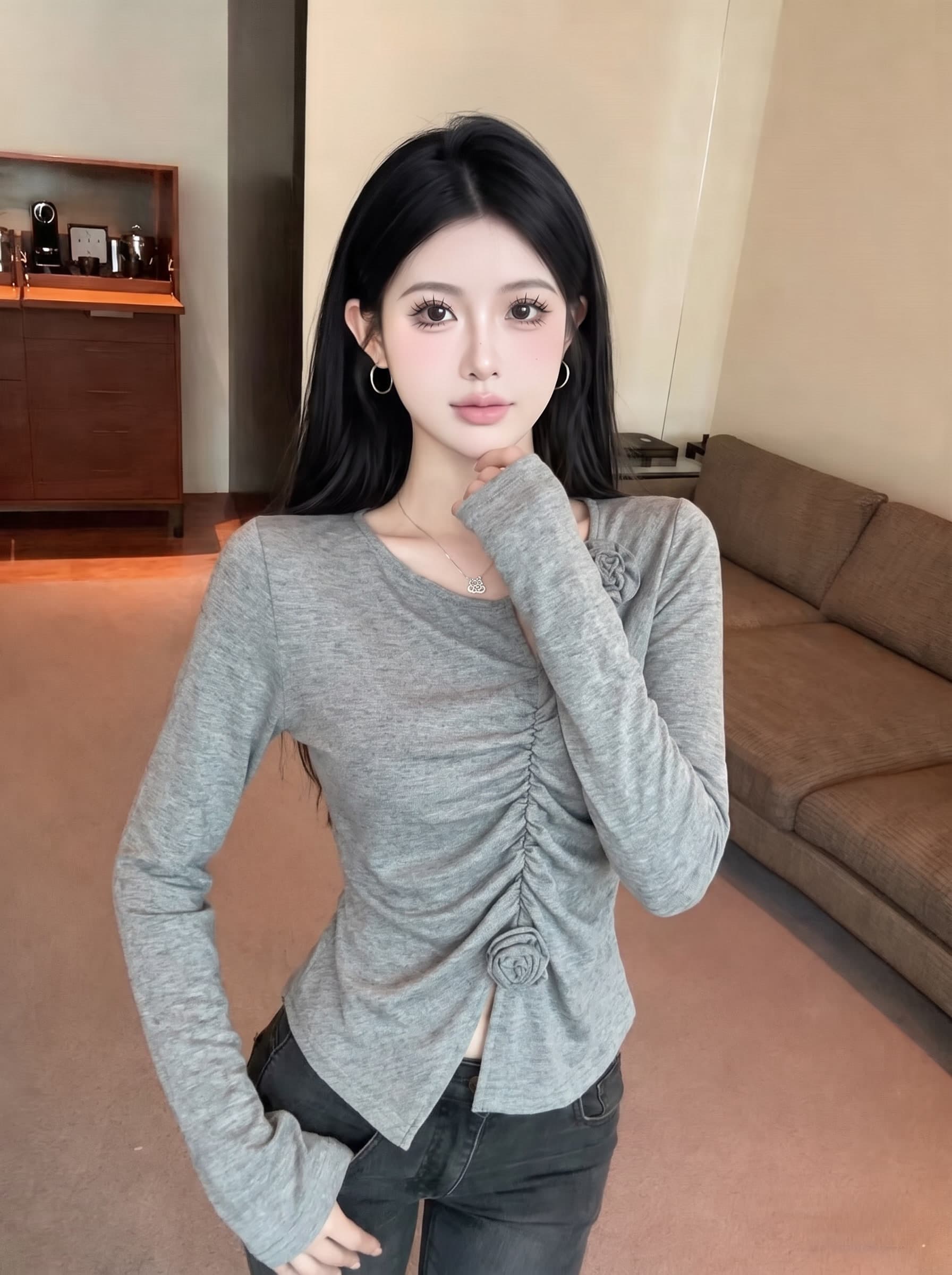 실사 디자인 센스 3 차원 꽃 회색 긴팔 티셔츠 가을 빅 사이즈 여성 의류 지방 mm 몸매 가꾸기 자이언트 슬림해 보이는 맨위 상세 이미지 11