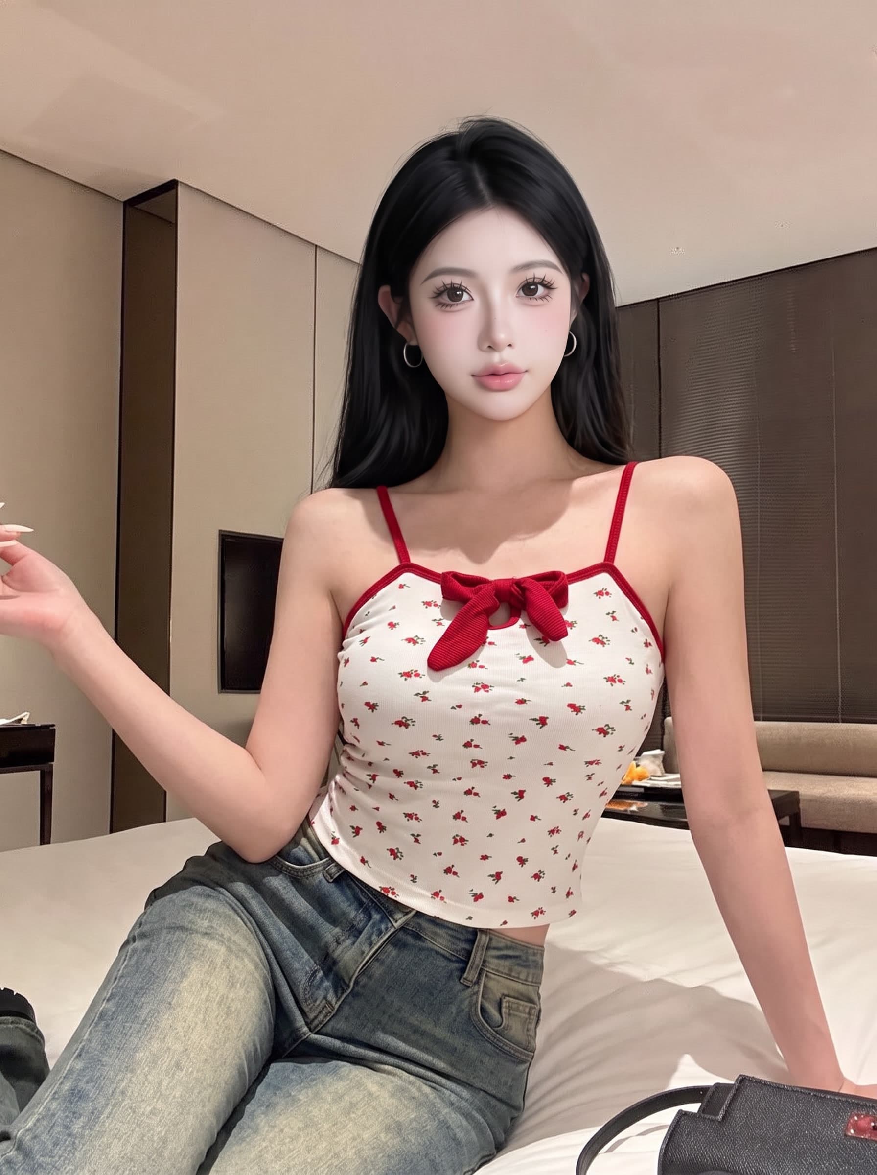 실사 순수한 욕망 꽃무늬 캐미솔 여름 벨트 가슴 패드 나비 매듭 디자인 센스 몸매 가꾸기 슬림해 보이는 민소매 맨위 이미지 4