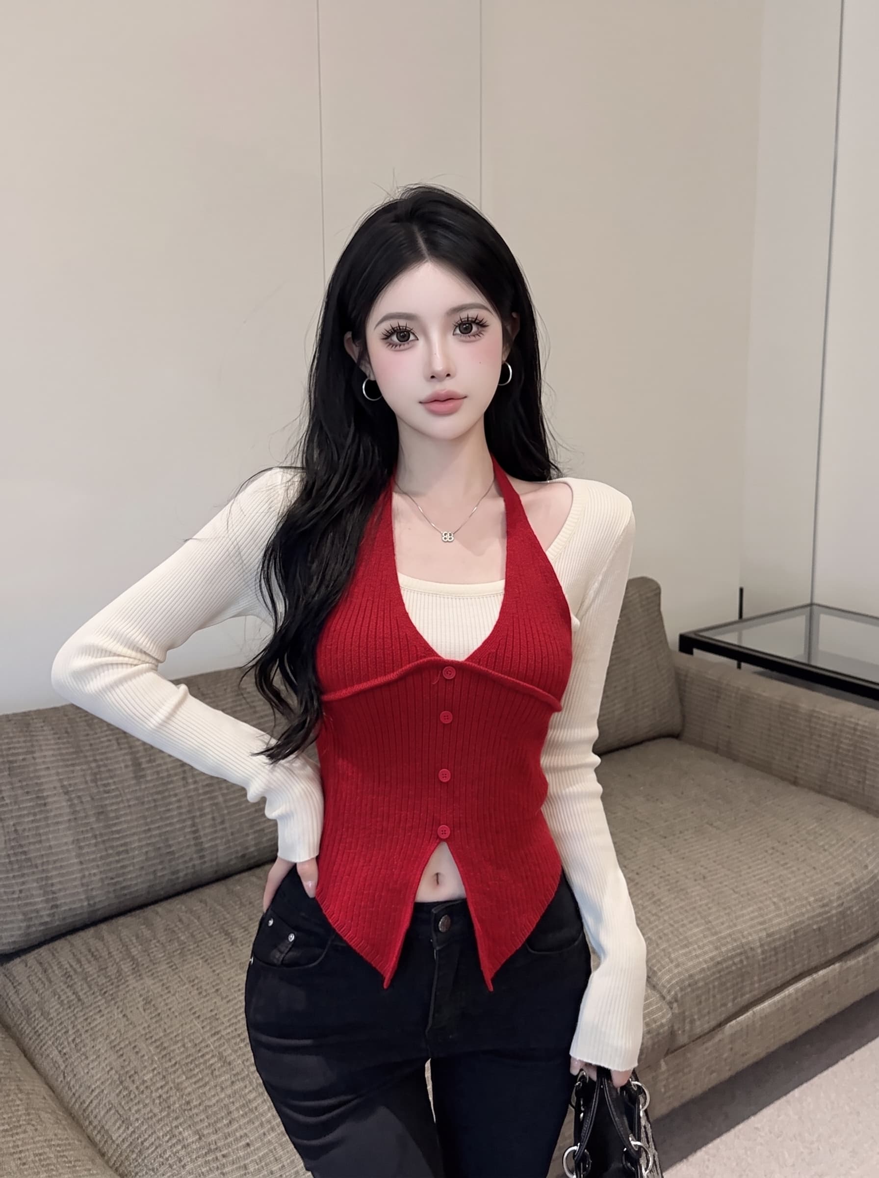 실사 아메리칸 행침 목 페이크 레이어드 니트 스웨터 여성 가을 트렌디 핫걸 순수한 욕망 바람 슬림해 보이는 다용도 긴팔 맨위 상세 이미지 4