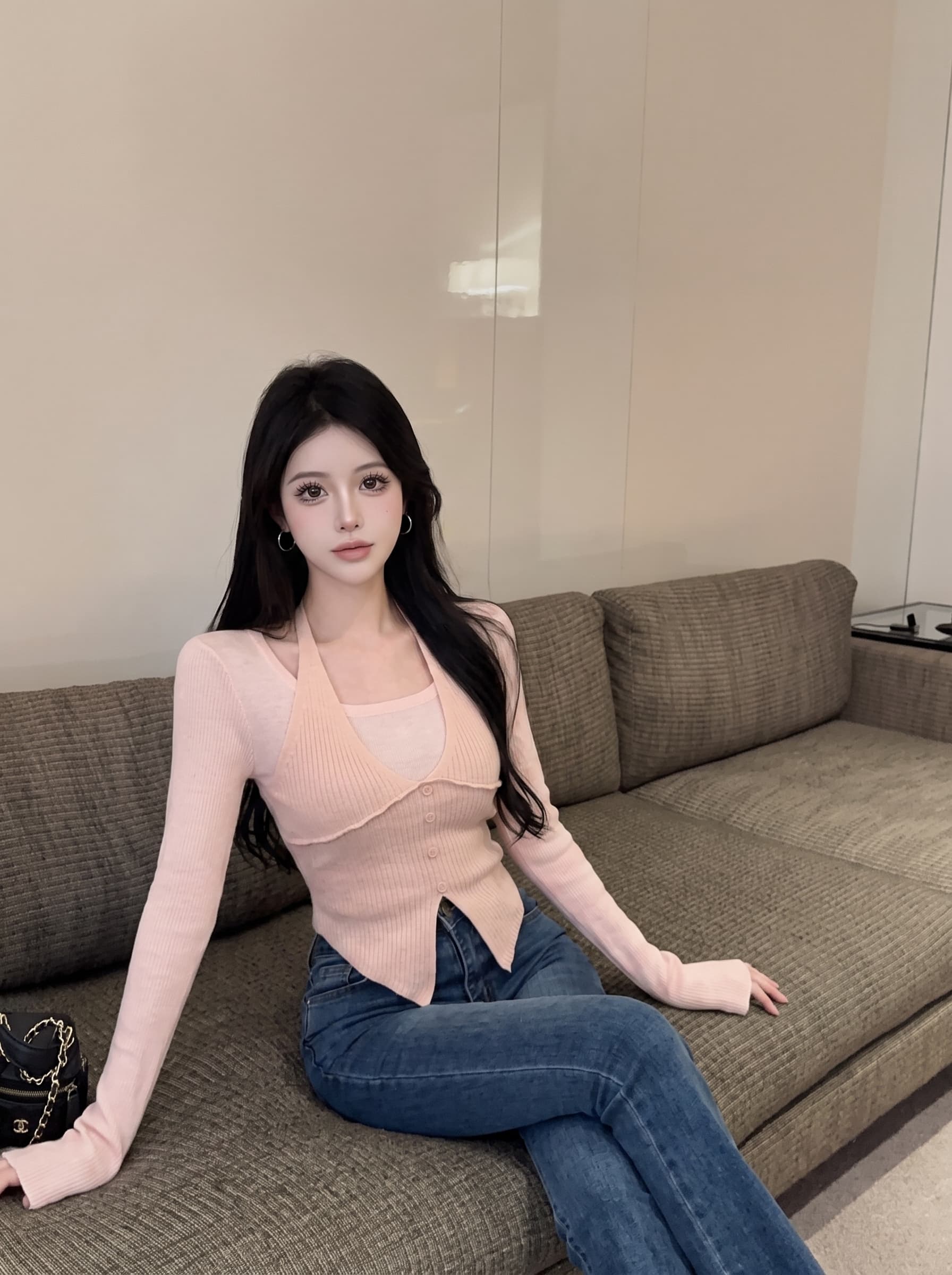 실사 아메리칸 행침 목 페이크 레이어드 니트 스웨터 여성 가을 트렌디 핫걸 순수한 욕망 바람 슬림해 보이는 다용도 긴팔 맨위 이미지 3