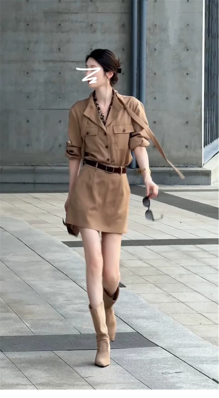 아메리칸 워크웨어 바람 세트 여성 이른 가을 착용 가져 가라. 전체 집합 긴팔 셔츠 점프 슈트 치마 출퇴근 다용도 투피스 세트 상세 이미지 3