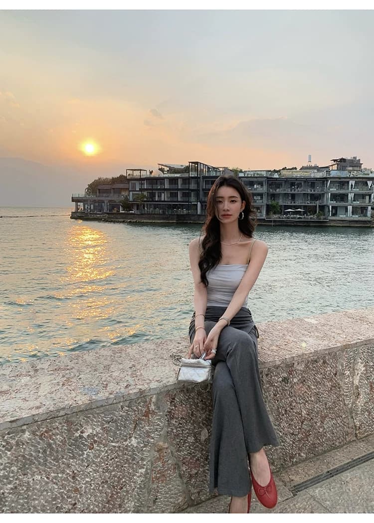 pusumede 측면 펌프 로프 페이크 레이어드 방귀 커튼 패치워크 캐주얼 바지 여성 디자인 센스 스트레이트 니트 나팔 바지 긴 바지 상세 이미지 7