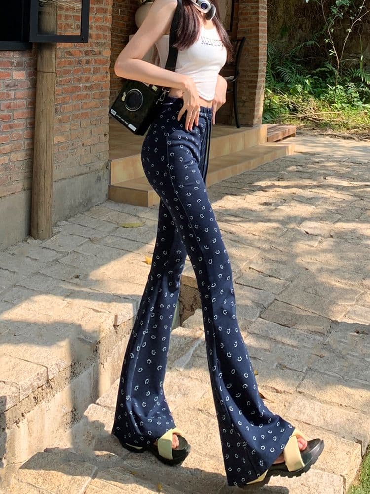 한국 작은 대중 디자인 파란색 웃는 얼굴 플레어 바지 작은 키 운동 캐주얼 바지 다용도 슬림해 보이는 디스플레이 다리 길이 바지 이미지 2