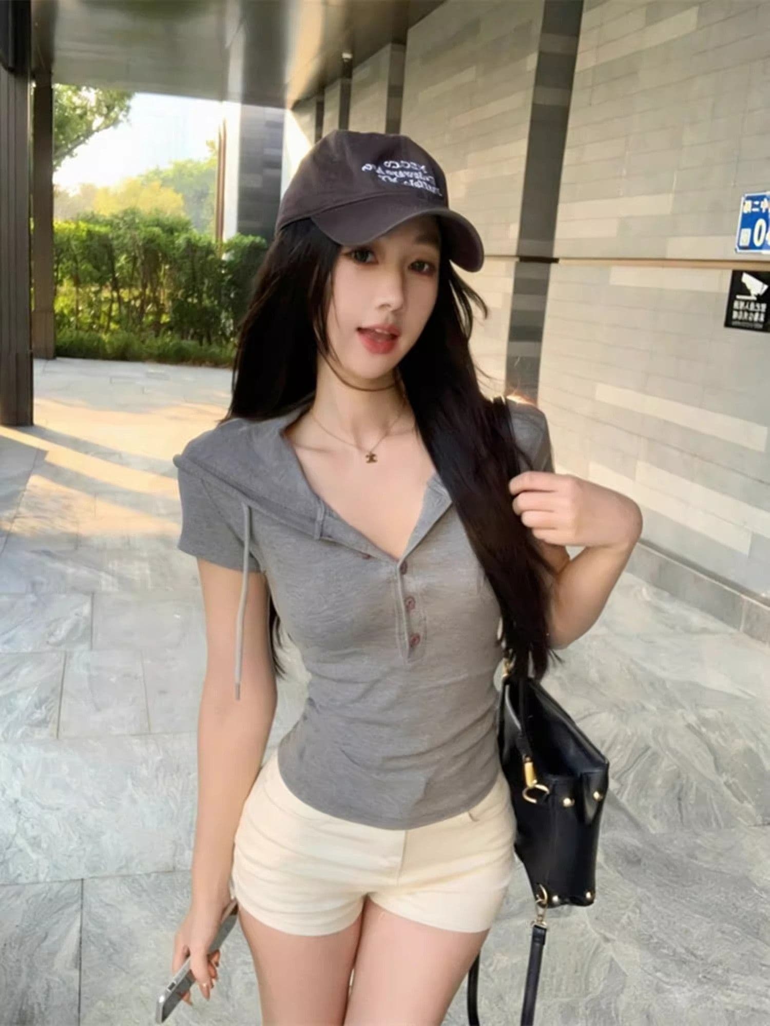 260 그램 사람들 면 아메리칸 핫걸 후드 반 개방 버클 반팔 티셔츠 여성 여름 몸매 가꾸기 허리 수축 만나는 맨위