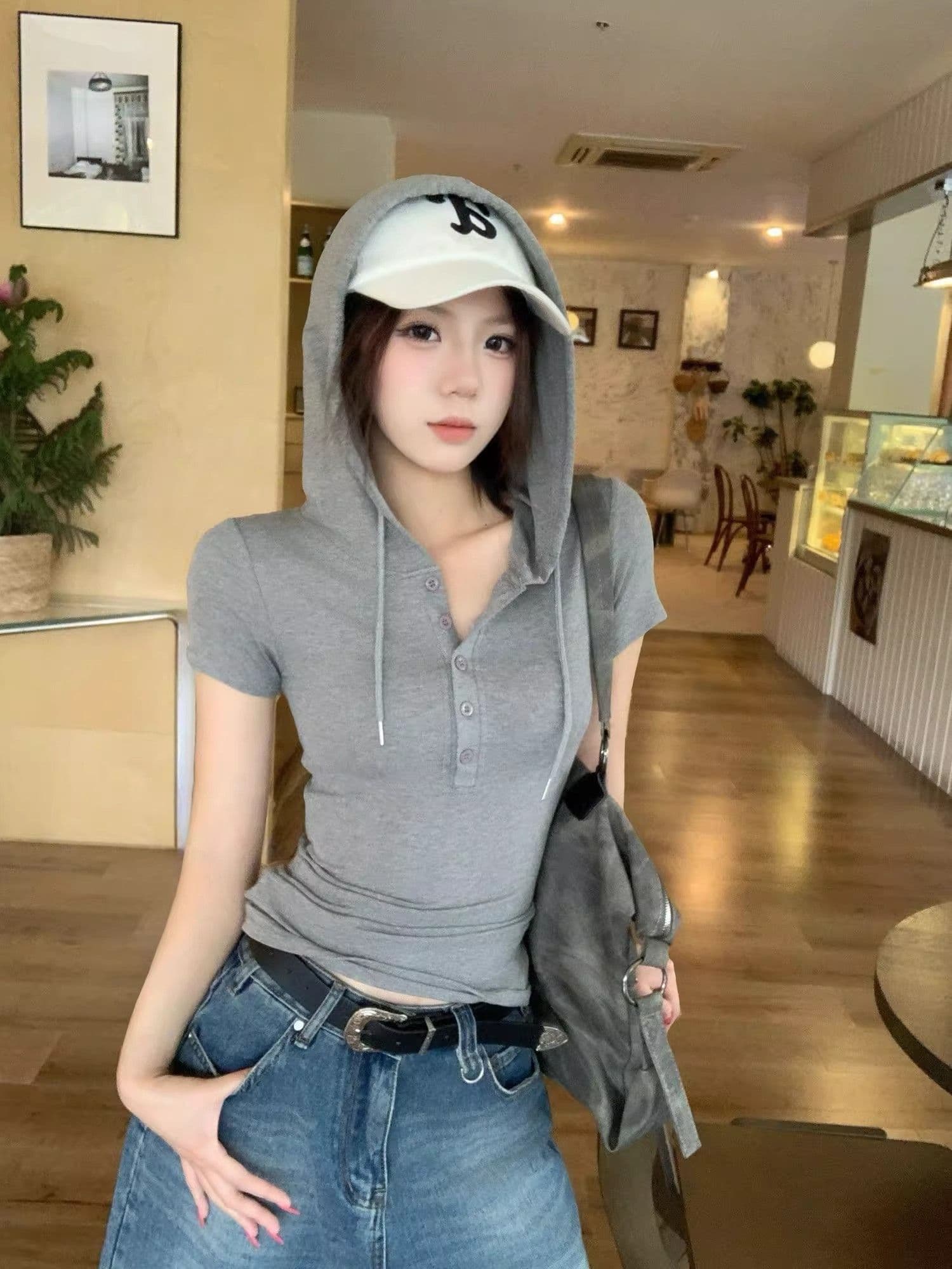 260 그램 사람들 면 아메리칸 핫걸 후드 반 개방 버클 반팔 티셔츠 여성 여름 몸매 가꾸기 허리 수축 만나는 맨위 상세 이미지 3