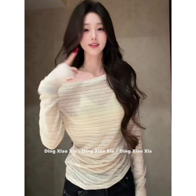 원본 원단 여름 새로운 한 부서 비스듬한 어깨 스트라이프 긴팔 티셔츠 여성 느긋한 바람 루즈핏 다용도 맨위 이미지 4