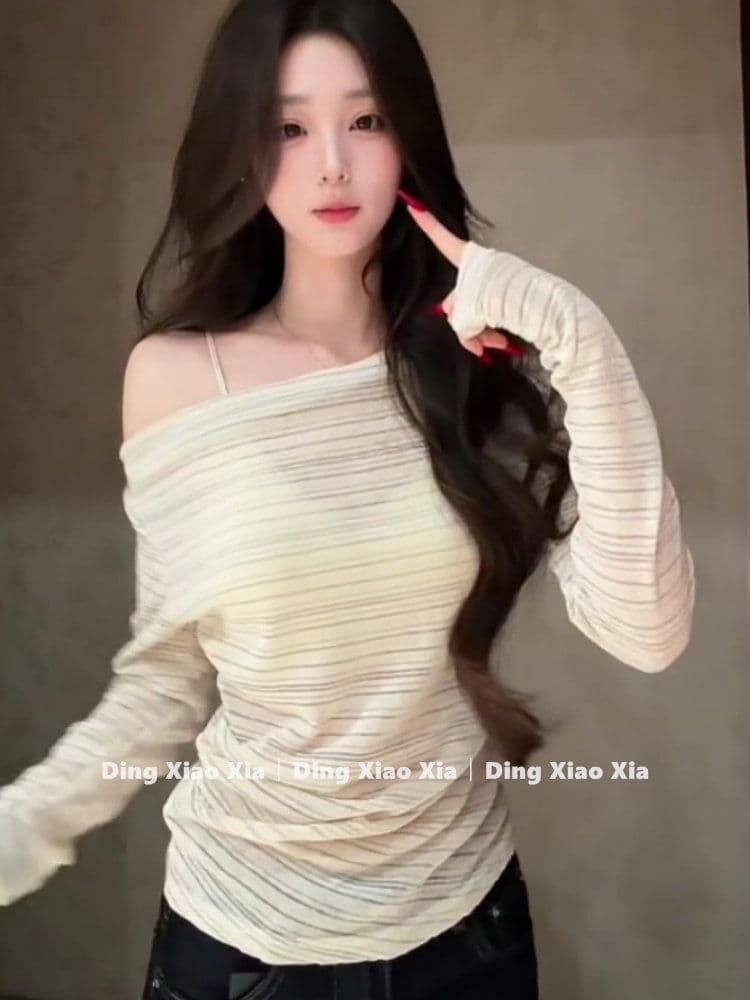 원본 원단 여름 새로운 한 부서 비스듬한 어깨 스트라이프 긴팔 티셔츠 여성 느긋한 바람 루즈핏 다용도 맨위 상세 이미지 6