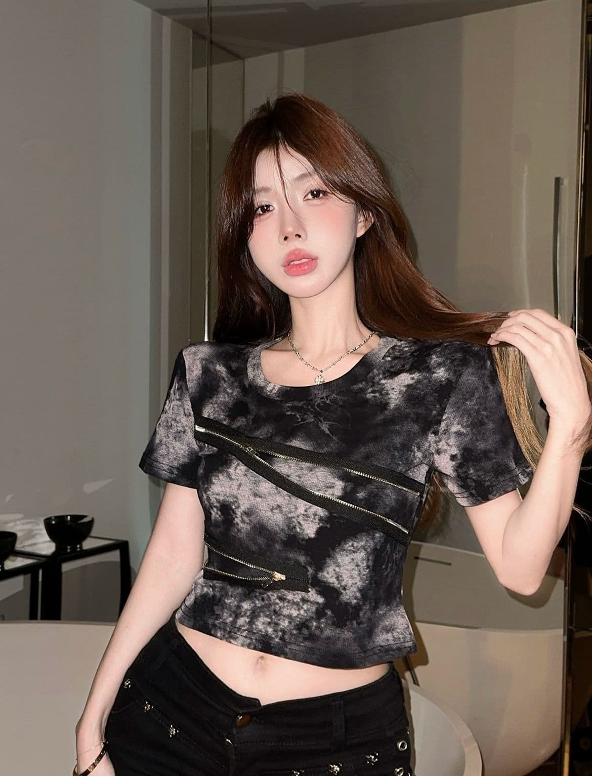 210 그램 40 좋은 면 당겨서 긍정적 인 어깨 반팔 티셔츠 여성 레트로 작은 대중 몸매 가꾸기 핫걸 작 은 흐름 헤일로 염료에 의류 여성 상세 이미지 7
