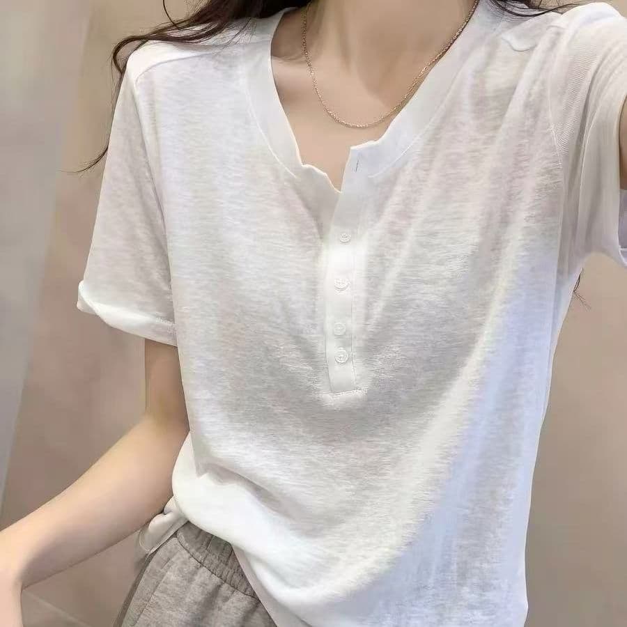 눈꽃 면 주간 고양이 흔들어서 톤 품질 캐주얼 화이트 반팔 티셔츠 여성 여름 단추 다용도 연령 감소 슈퍼 화재로 의류 이미지 2