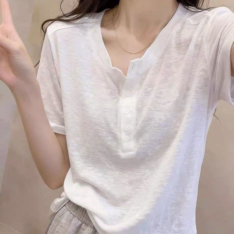 눈꽃 면 주간 고양이 흔들어서 톤 품질 캐주얼 화이트 반팔 티셔츠 여성 여름 단추 다용도 연령 감소 슈퍼 화재로 의류