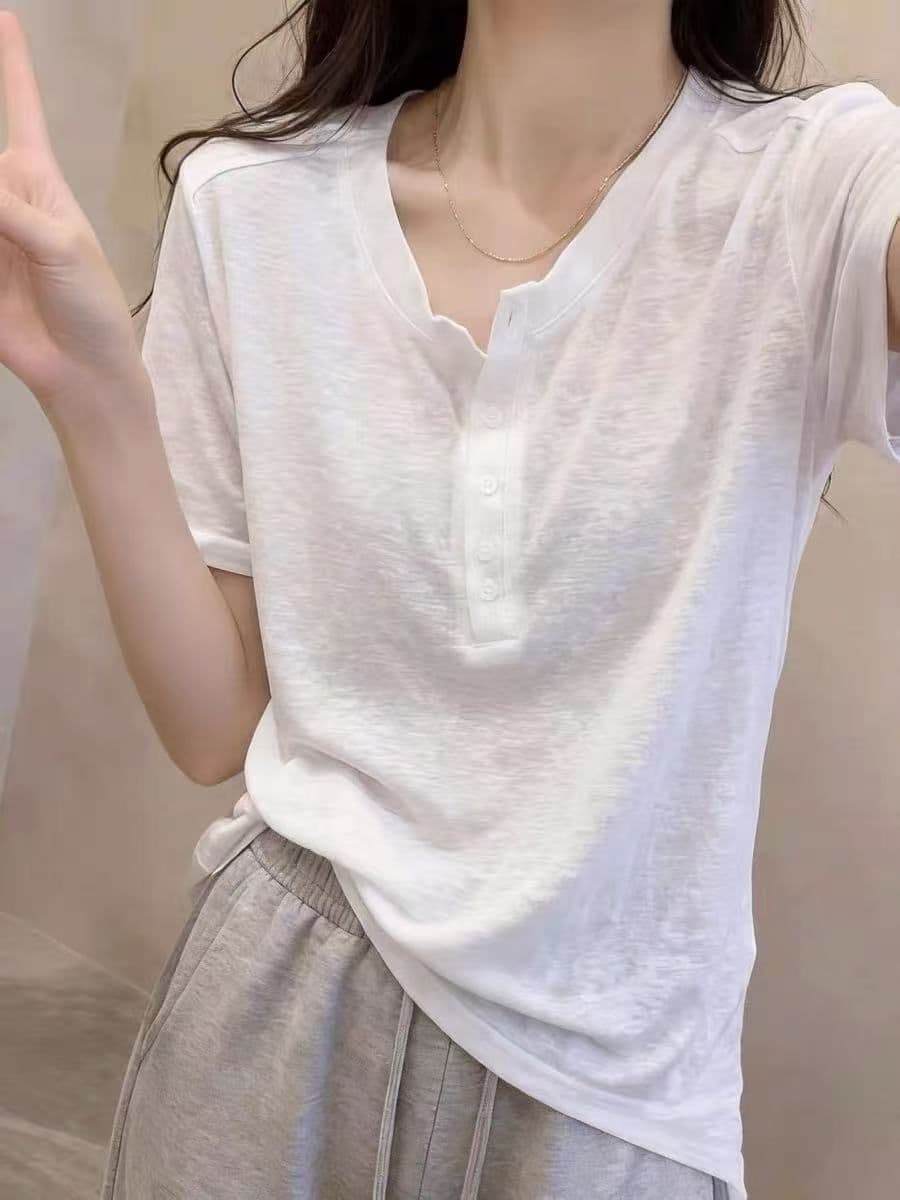 눈꽃 면 주간 고양이 흔들어서 톤 품질 캐주얼 화이트 반팔 티셔츠 여성 여름 단추 다용도 연령 감소 슈퍼 화재로 의류 상세 이미지 3