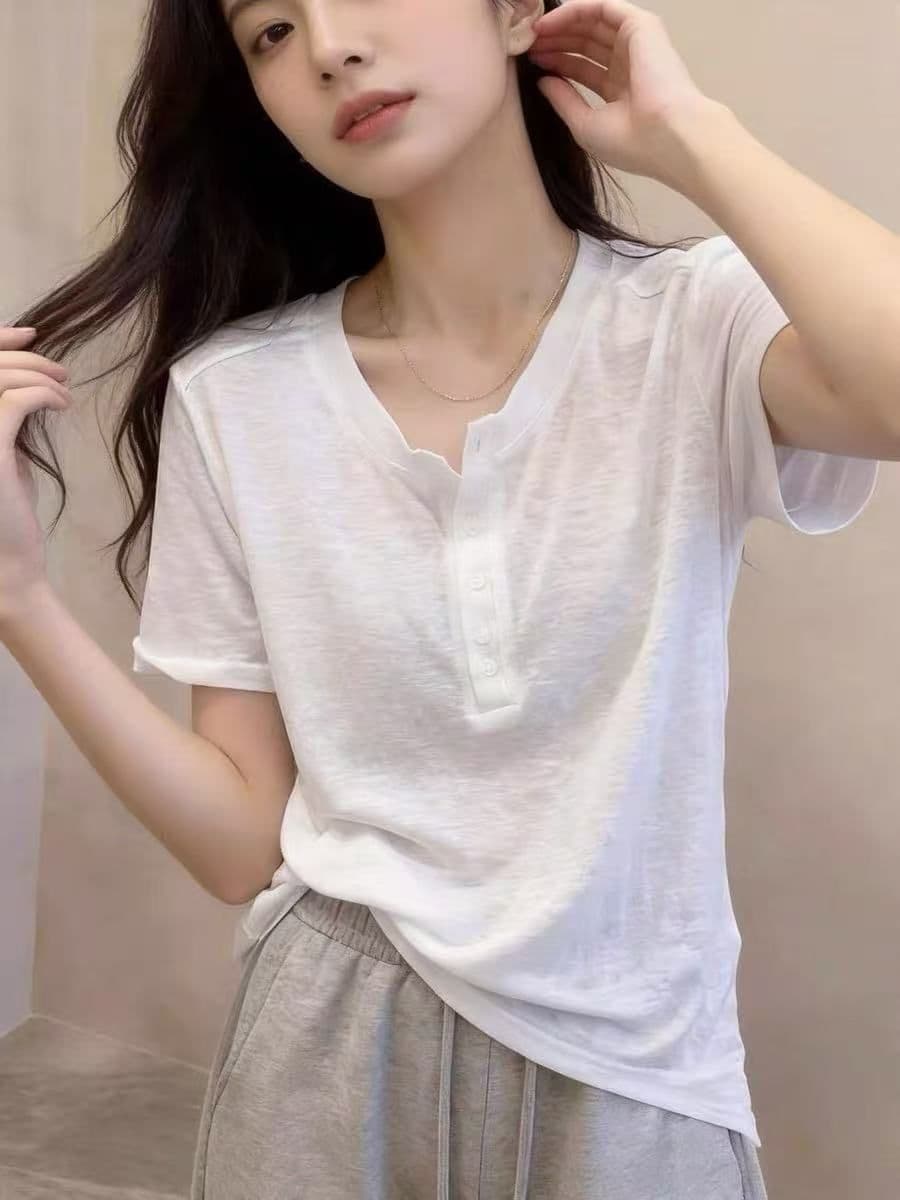눈꽃 면 주간 고양이 흔들어서 톤 품질 캐주얼 화이트 반팔 티셔츠 여성 여름 단추 다용도 연령 감소 슈퍼 화재로 의류 상세 이미지 4