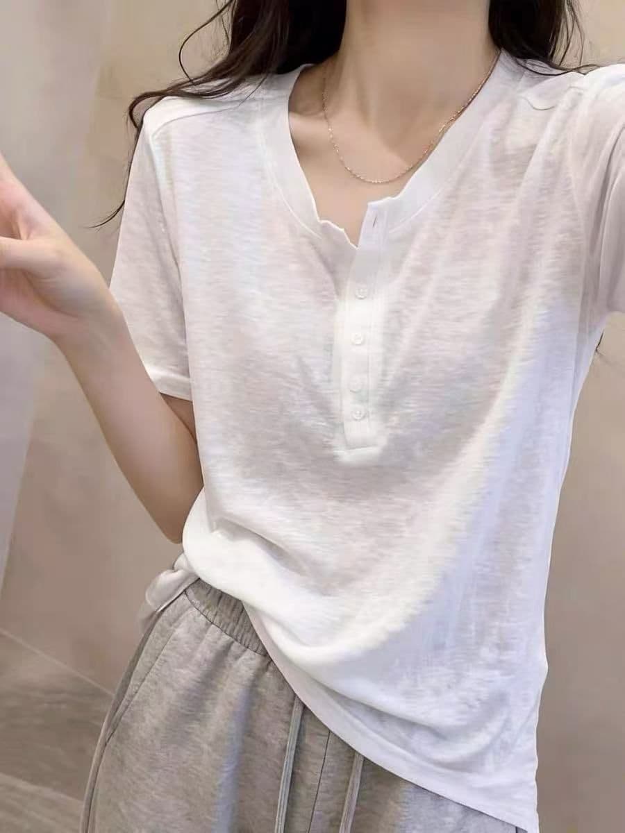 눈꽃 면 주간 고양이 흔들어서 톤 품질 캐주얼 화이트 반팔 티셔츠 여성 여름 단추 다용도 연령 감소 슈퍼 화재로 의류 상세 이미지 5