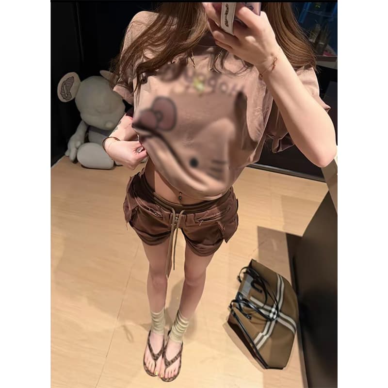 대나무 마디 면 만화 슈퍼 귀여운 고양이 프린트 레트로 티셔츠 여성 느긋한 바람 루즈핏 반팔 티셔츠 맨위 상세 이미지 4