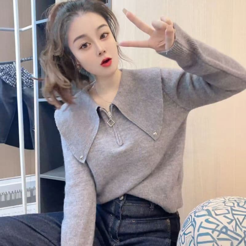폴로 칼라 풀오버 회색 스웨터 여자 2026 새로운 가을 착용 가져 가라. 루즈핏 쇼트 스타일 인사이드 가져 가라. 만나는 니트 스웨터 맨위 상세 이미지 6