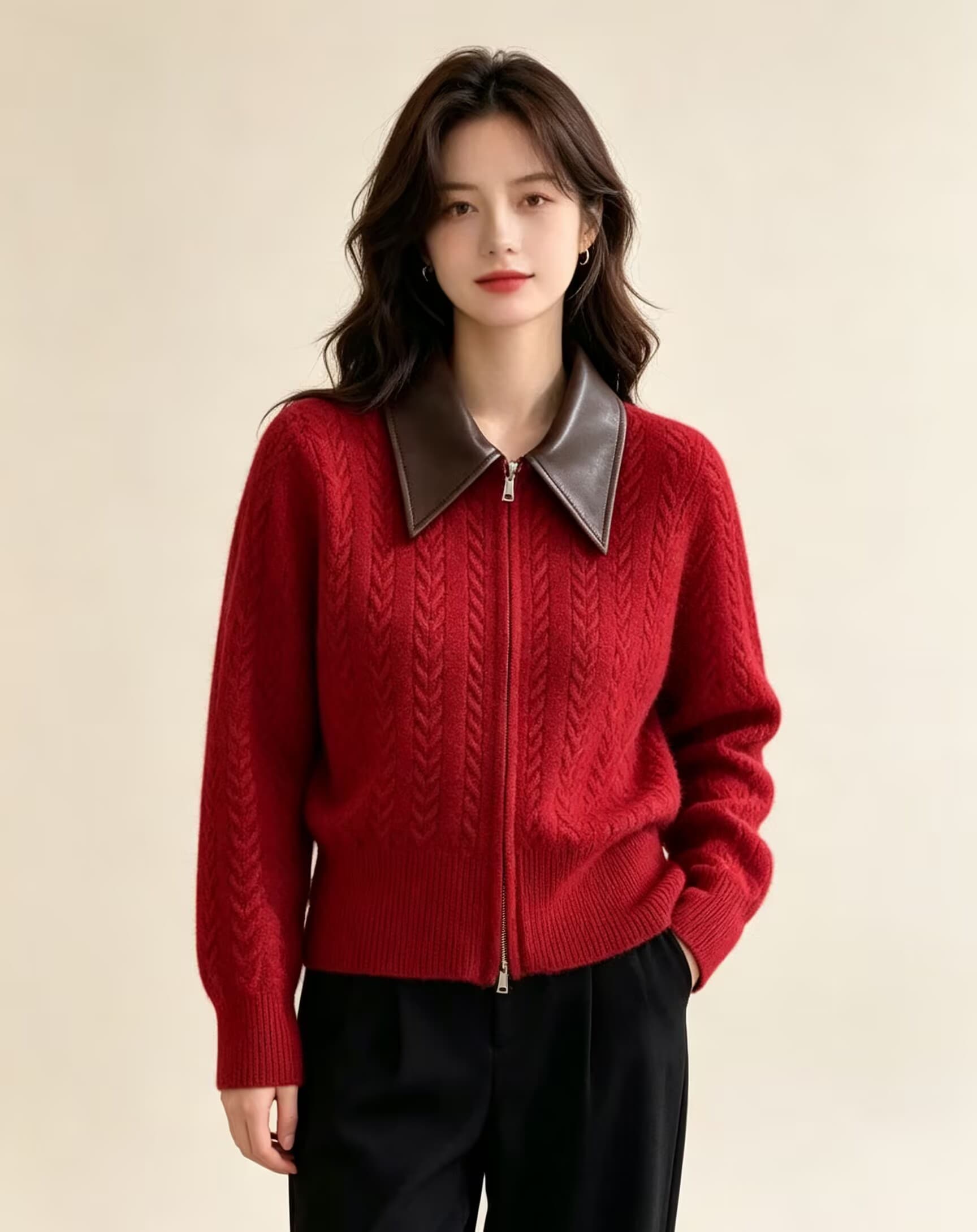 여성 의류 polo 가죽 고리 패치워크 니트 오픈 가디건 여성 루즈핏 다용도 캐주얼 재킷 슬림해 보이는 트렌디 상세 이미지 2