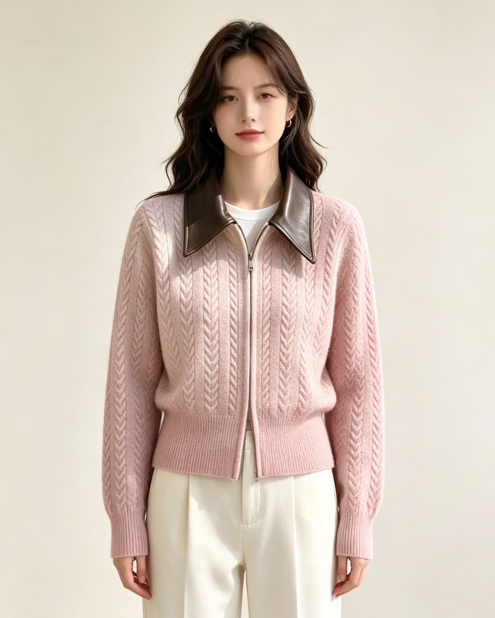 여성 의류 polo 가죽 고리 패치워크 니트 오픈 가디건 여성 루즈핏 다용도 캐주얼 재킷 슬림해 보이는 트렌디 상세 이미지 4