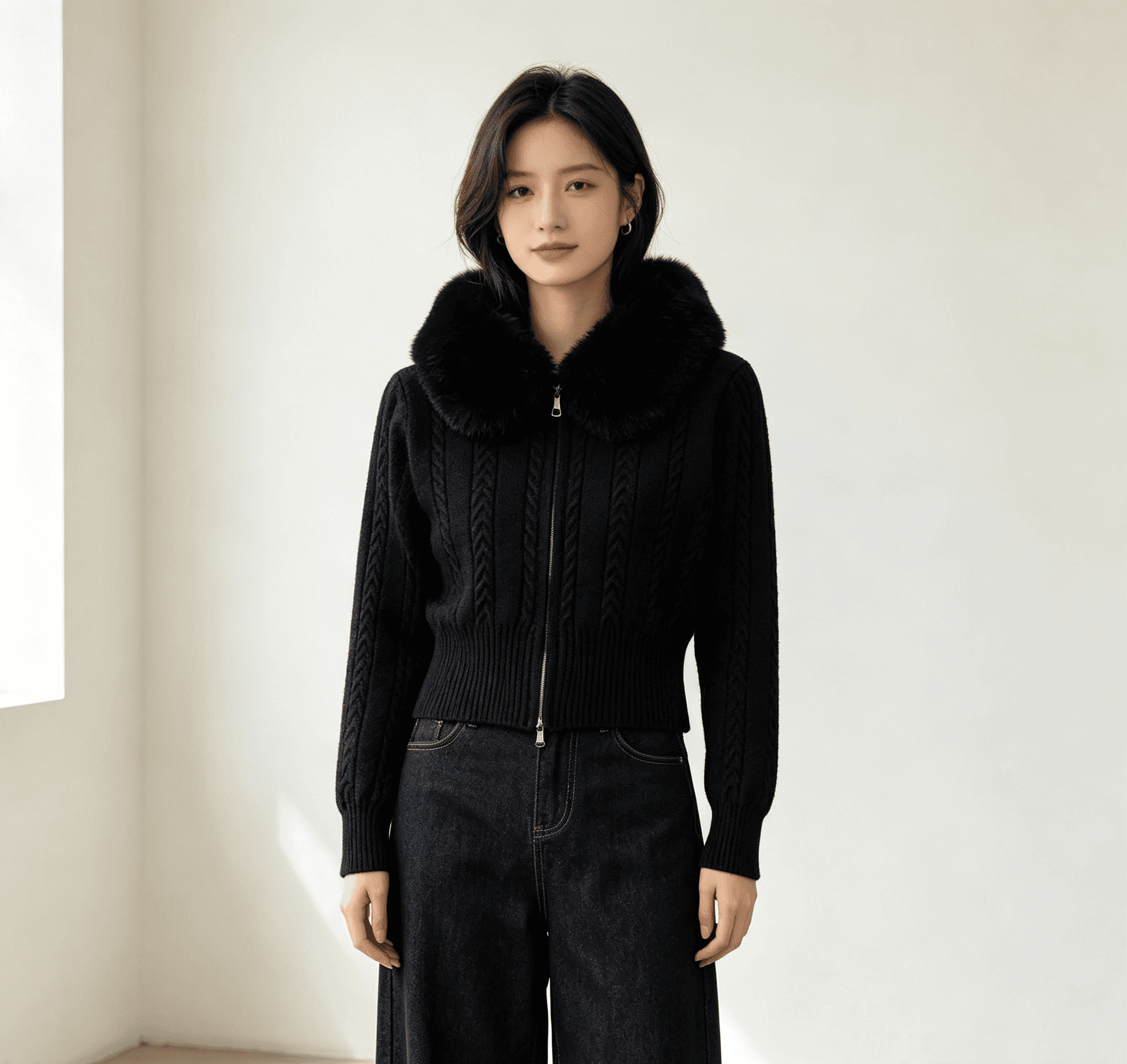 더블 지퍼 플리스 칼라 스웨터 여자 트위스트 꽃 품격 허리 수축 니트 카디건 코트 트렌디 상세 이미지 4