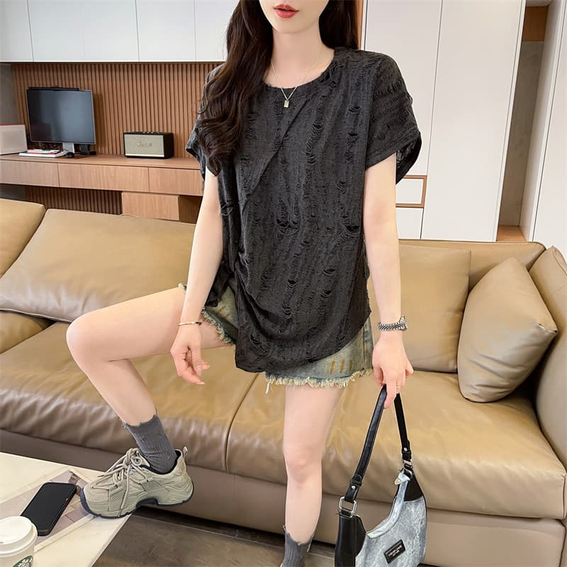 불규칙 디자인 센스 Chic 트임 반팔 티셔츠 여성 여름 2026 새로운 루즈핏 빅 사이즈 작은 키 맨위 이미지 4