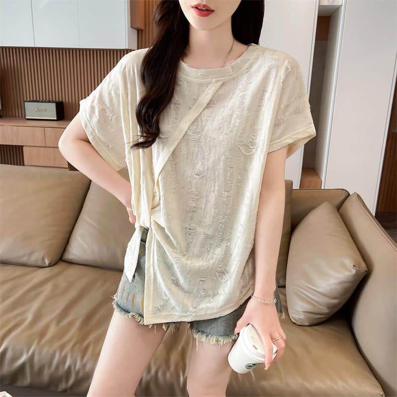 불규칙 디자인 센스 Chic 트임 반팔 티셔츠 여성 여름 2026 새로운 루즈핏 빅 사이즈 작은 키 맨위 상세 이미지 5