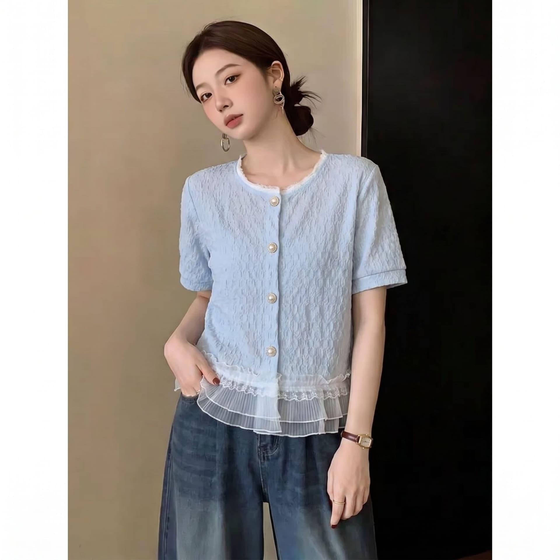 프랑스식 작은 샤넬 스타일 레이스 레이스 반팔 여성 셔츠 여름 빅 사이즈 지방 mm 패션 디자인 센스 품격 슬림해 보이는 맨위 이미지 4