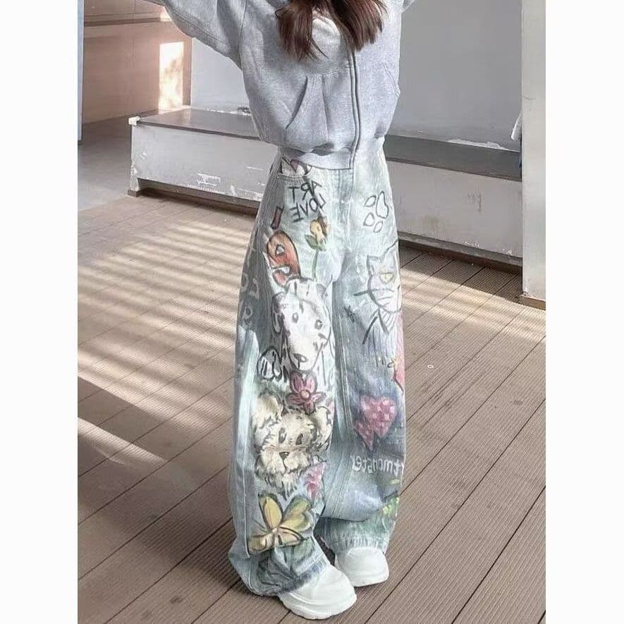 아메리칸 레트로 재미있는 고양이 개 수채화 낙서 청바지 여성 봄 가을 새로운 하이웨이스트 루즈핏 스트레이트 와이드 레그 팬츠 어린이 이미지 4