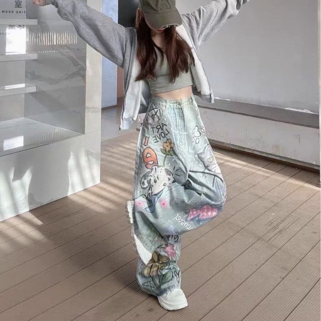 아메리칸 레트로 재미있는 고양이 개 수채화 낙서 청바지 여성 봄 가을 새로운 하이웨이스트 루즈핏 스트레이트 와이드 레그 팬츠 어린이 이미지 2