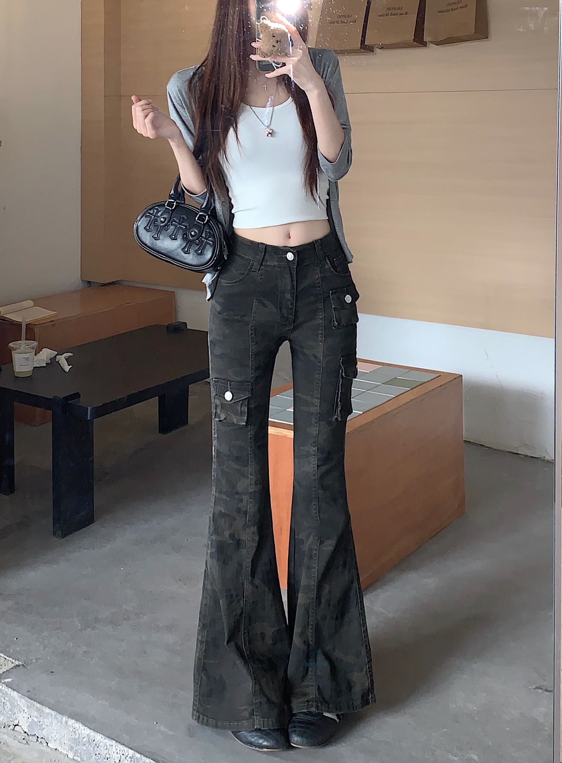아메리칸 레트로 카모플라주 마이크로 나팔 청바지 여성 봄 핫걸 디자인 센스 몸매 가꾸기 슬림해 보이는 롱 바지 상세 이미지 12
