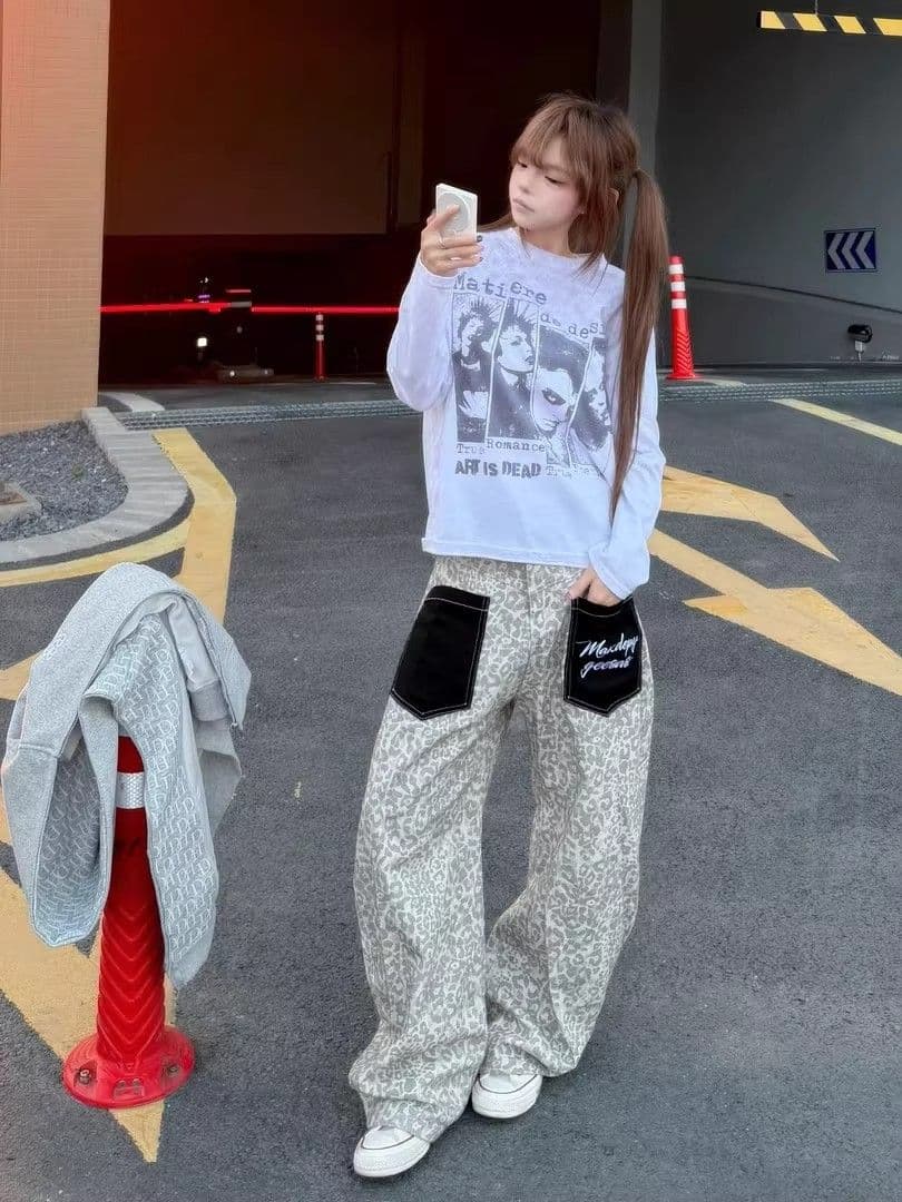 아메리칸 높음 거리 바지 착용 거꾸로 레오파드 무늬 모통이 칼 청바지 남녀 같은 단락 루즈핏 캐주얼 다용도 작은 대중 넓은 다리 상세 이미지 4