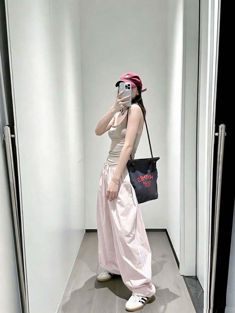좋은 품질 송 비 제나라 같은 단락 핑크색 스트라이프 넓은 다리 운동 바지 여성 여름 루즈핏 슬림해 보이는 도루 센스 속도 건조한 바지 상세 이미지 3