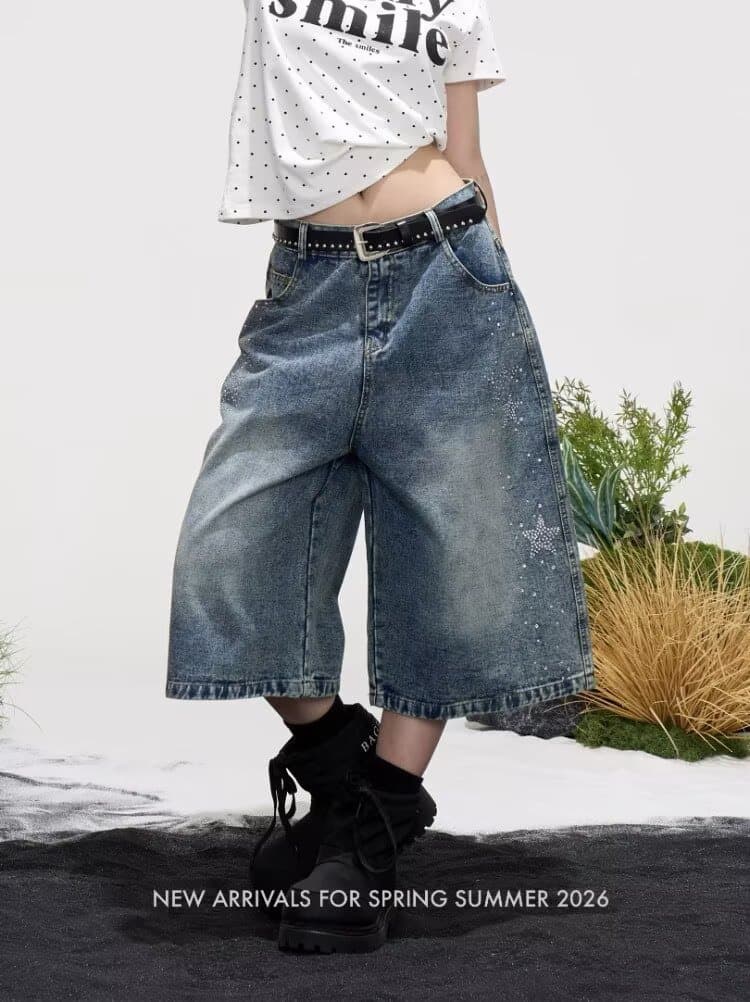 2026 여름 아메리칸 레트로 워싱 넓은 다리 7 점 청바지 남녀 바지 골드 징 같은 단락 캐주얼 반바지 상세 이미지 1