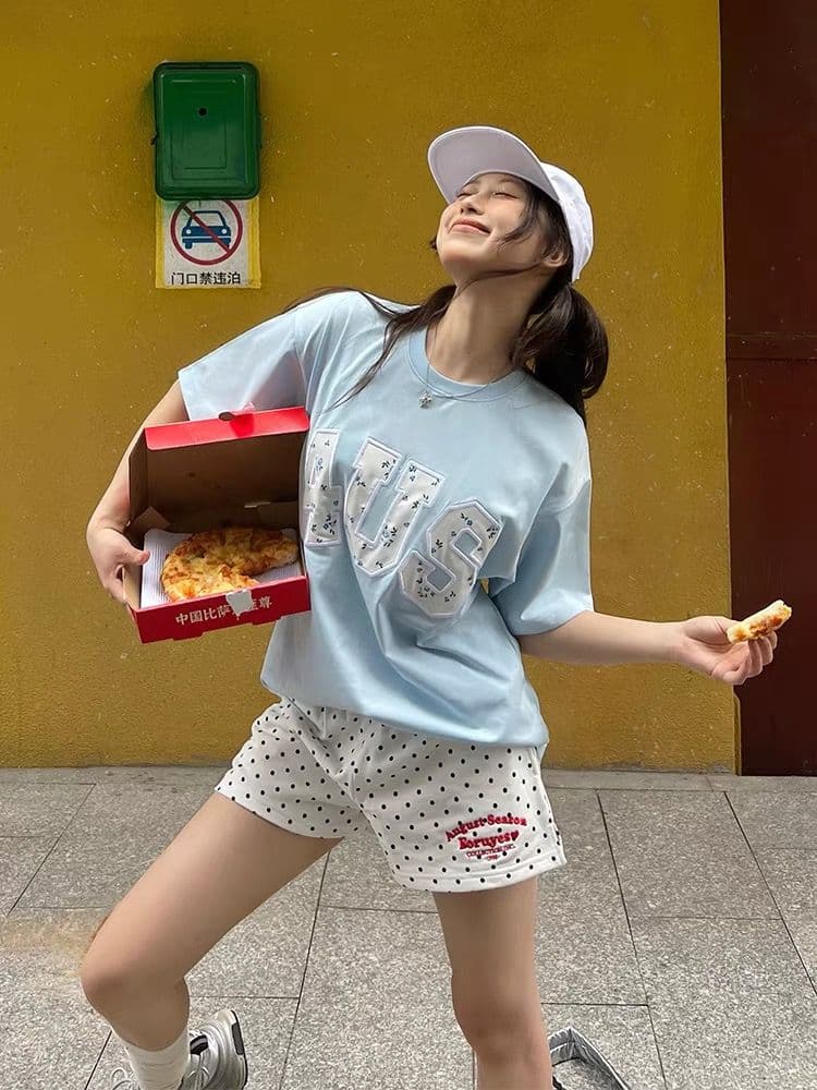 2026 여름 얇은 스타일 아메리칸 레트로 캠퍼스 바람 슬로건 도트 무늬 여성 ins 트렌디 몸매 가꾸기 캐주얼 반바지 상세 이미지 5