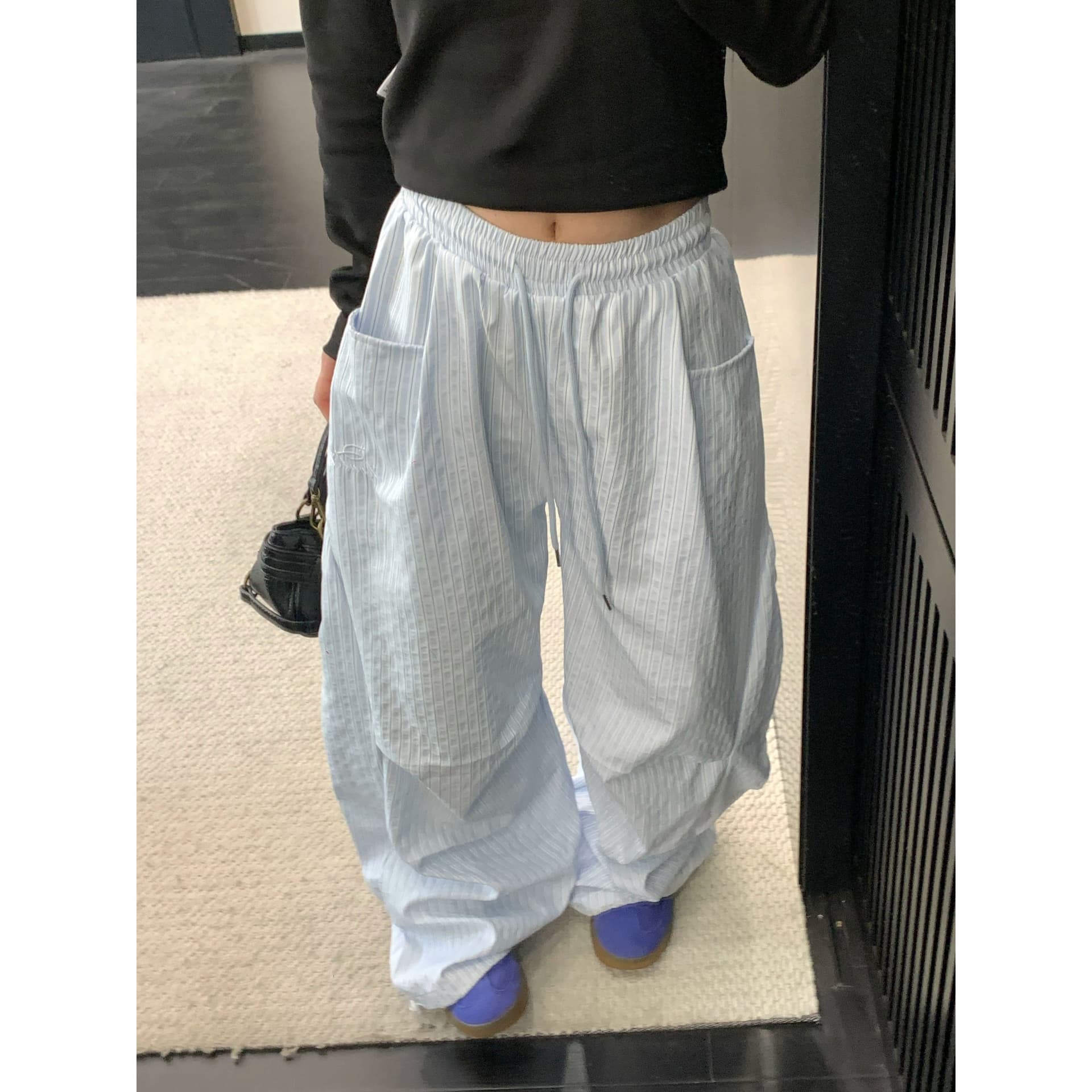 여름 느슨함 센스 느긋한 얇은 스타일 스트라이프 와이드 레그 팬츠 한 여성 chic 고급 센스 루즈핏 스트레이트 캐주얼 바지 긴 바지 이미지 3