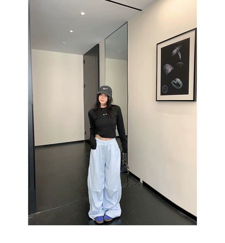 여름 느슨함 센스 느긋한 얇은 스타일 스트라이프 와이드 레그 팬츠 한 여성 chic 고급 센스 루즈핏 스트레이트 캐주얼 바지 긴 바지 상세 이미지 11
