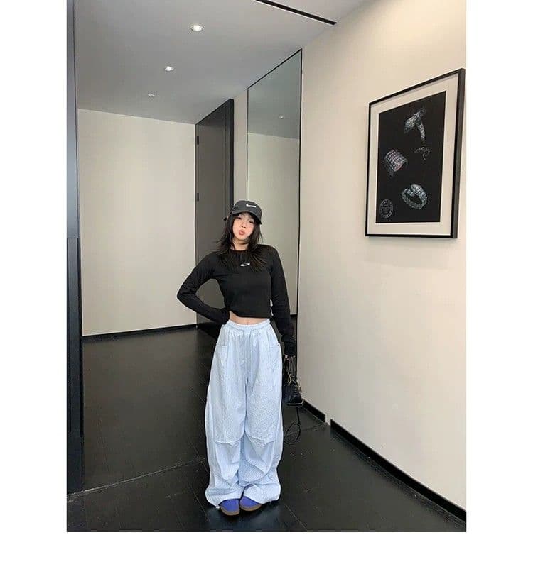 여름 느슨함 센스 느긋한 얇은 스타일 스트라이프 와이드 레그 팬츠 한 여성 chic 고급 센스 루즈핏 스트레이트 캐주얼 바지 긴 바지 상세 이미지 12