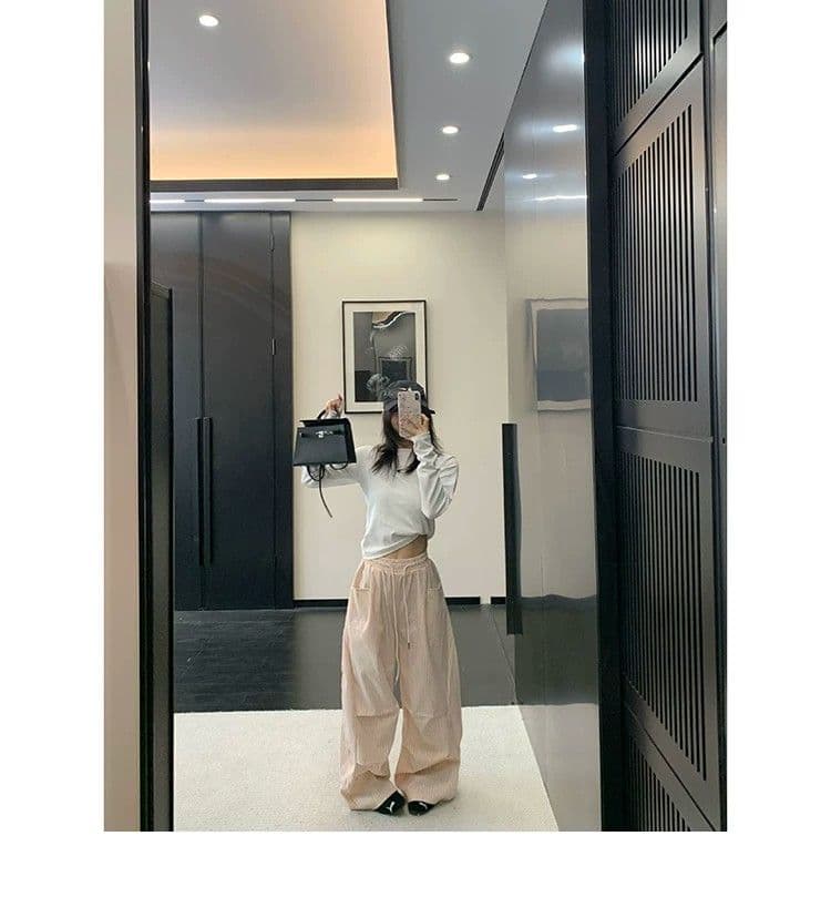 여름 느슨함 센스 느긋한 얇은 스타일 스트라이프 와이드 레그 팬츠 한 여성 chic 고급 센스 루즈핏 스트레이트 캐주얼 바지 긴 바지 상세 이미지 20
