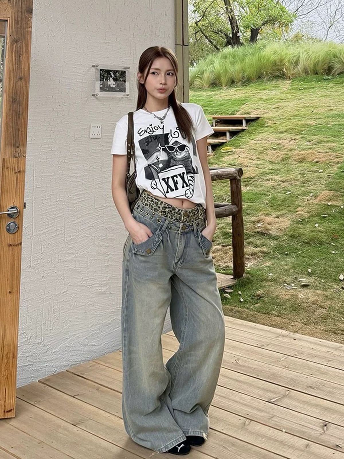 아메리칸 레트로 레오파드 무늬 징 더블 허리 머리 넓은 다리 청바지 여성 여름 새로운 높음 거리 바닥 청소 긴 바지 상세 이미지 5