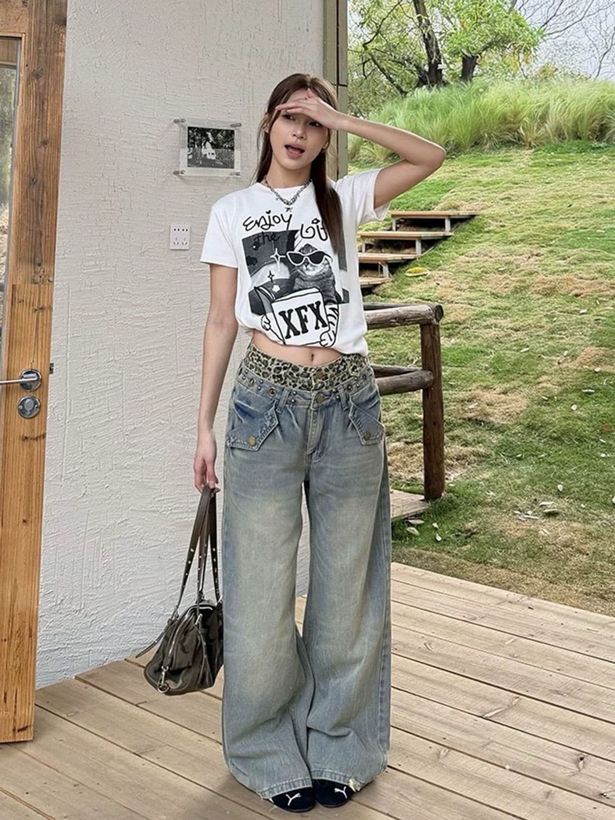 아메리칸 레트로 레오파드 무늬 징 더블 허리 머리 넓은 다리 청바지 여성 여름 새로운 높음 거리 바닥 청소 긴 바지 상세 이미지 6