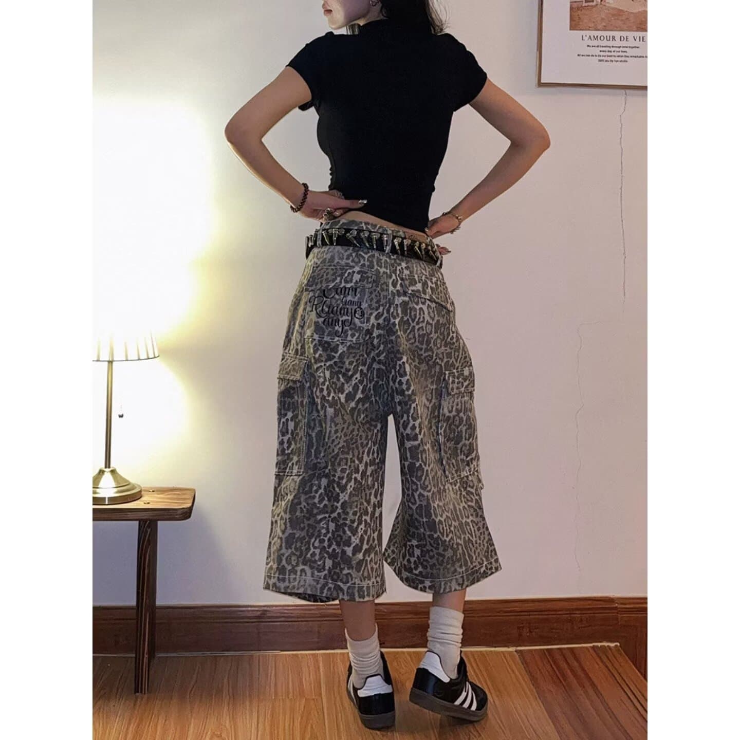 아메리칸 레트로 레오파드 무늬 워크웨어 7부 바지 남녀 루즈핏 스트레이트 주머니 디자인 반바지 캐주얼 바지 이미지 2