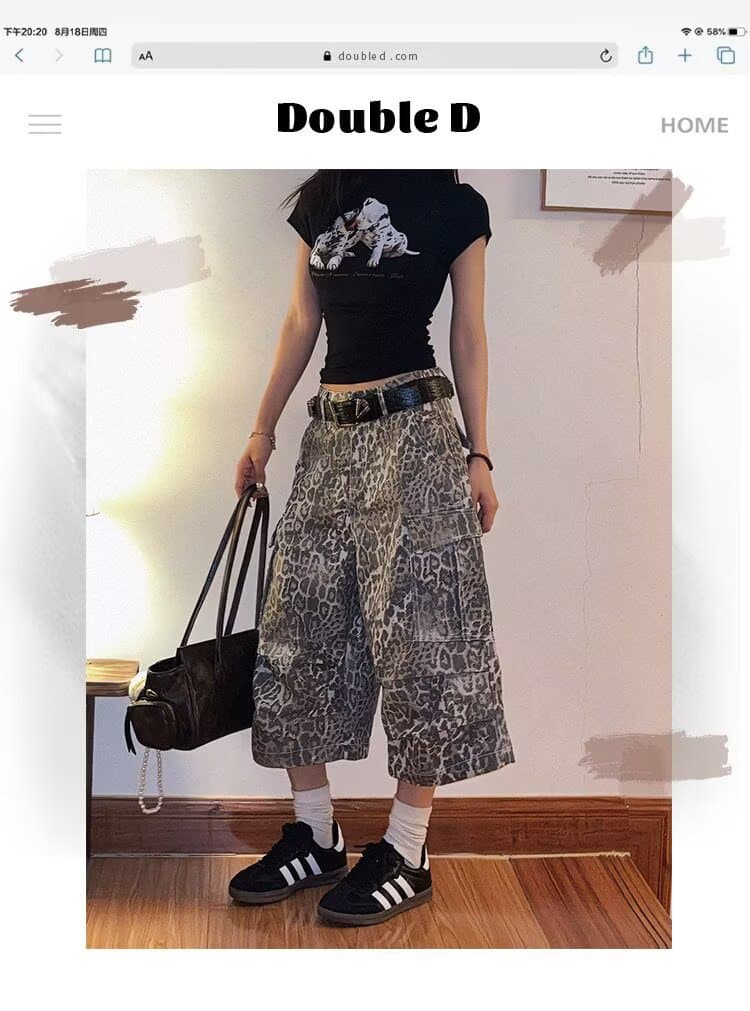 아메리칸 레트로 레오파드 무늬 워크웨어 7부 바지 남녀 루즈핏 스트레이트 주머니 디자인 반바지 캐주얼 바지 상세 이미지 2
