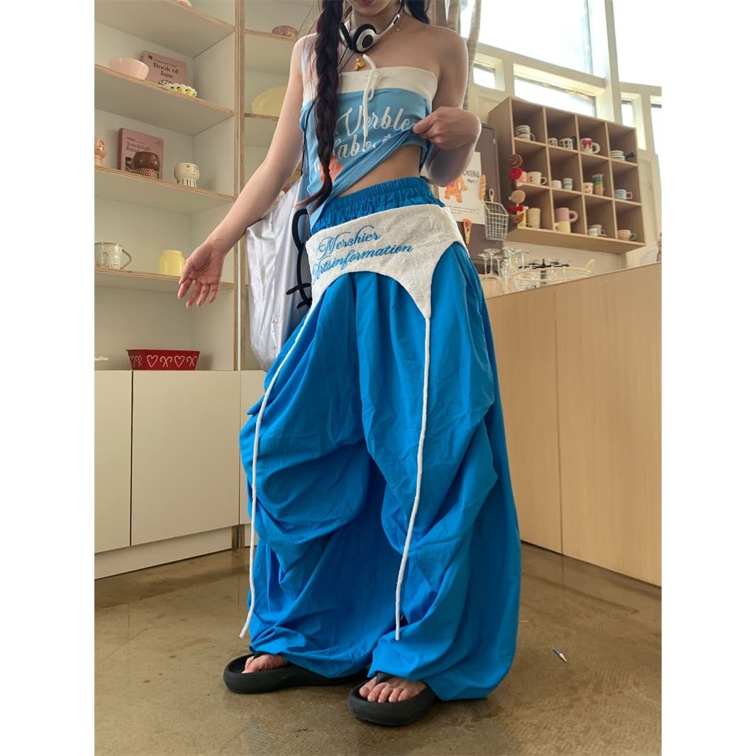 아메리칸 거리 랩스커트팬츠 리본 디자인 기타 색상 긴 바지 여름 루즈핏 넓은 다리 캐주얼 명중 Pleat 쌓 센스 바지 트렌디 이미지 2