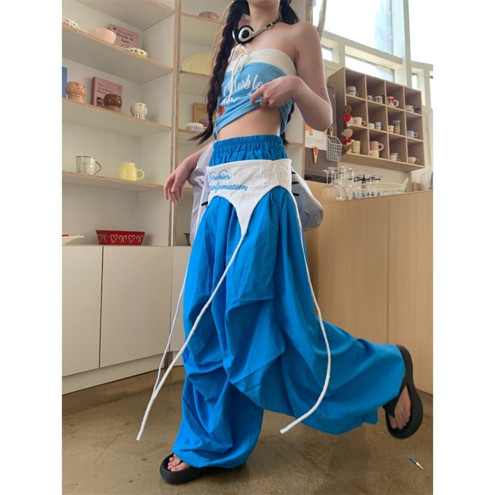 아메리칸 거리 랩스커트팬츠 리본 디자인 기타 색상 긴 바지 여름 루즈핏 넓은 다리 캐주얼 명중 Pleat 쌓 센스 바지 트렌디