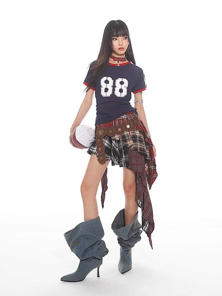 원본 체크 직물 패치워크 바지 하프 밴딩 있음 레깅스 반신 스커트 상세 이미지 19