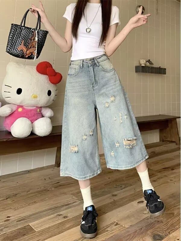 아메리칸 레트로 하이웨이스트 넓은 다리 데님 7부 바지 여성 여름 찢어진 부분 2026 루즈핏 슬림해 보이는 워싱 스트레이트 바지 상세 이미지 4