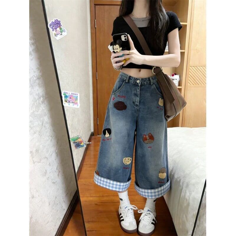 레트로 핫걸 데님 7부 바지 여성 작은 키 로우 웨이스트 슬림해 보이는 스트레이트 넓은 다리 핫 바지 이미지 2