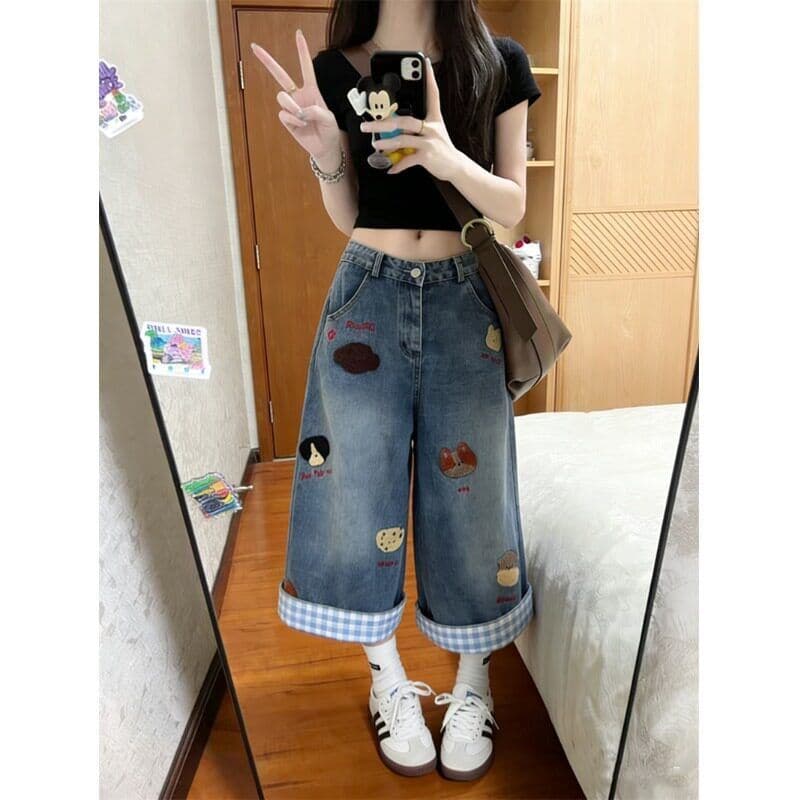 레트로 핫걸 데님 7부 바지 여성 작은 키 로우 웨이스트 슬림해 보이는 스트레이트 넓은 다리 핫 바지 이미지 3