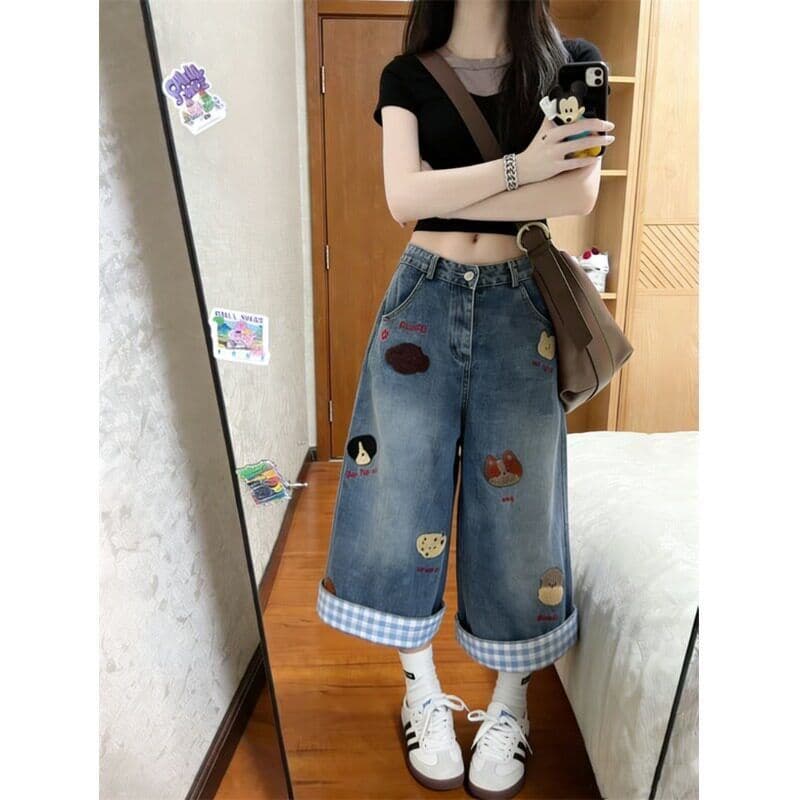 레트로 핫걸 데님 7부 바지 여성 작은 키 로우 웨이스트 슬림해 보이는 스트레이트 넓은 다리 핫 바지
