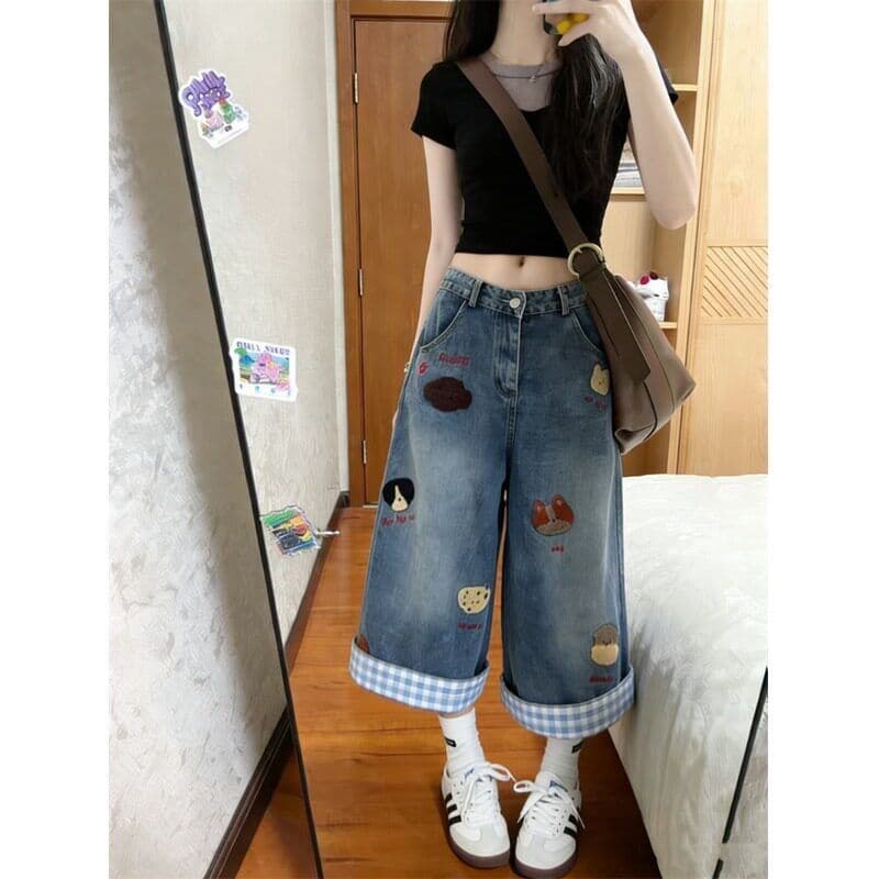 레트로 핫걸 데님 7부 바지 여성 작은 키 로우 웨이스트 슬림해 보이는 스트레이트 넓은 다리 핫 바지 상세 이미지 3