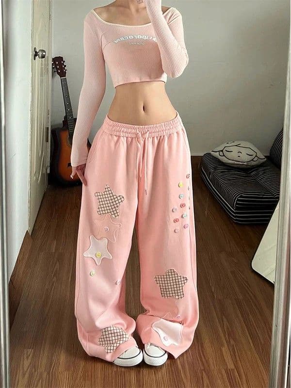 핑크색 오각형 별 패치 웨이 바지 여성 여름 배색 도파민 개성 디자인 넓은 다리 루즈핏 모통이 칼 캐주얼 바지 이미지 3